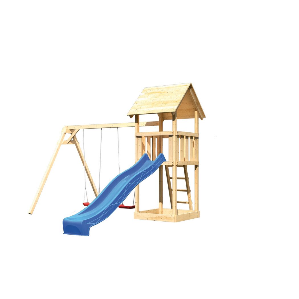 Spielturm aus Holz mit blauer Rutsche und roter Schaukel