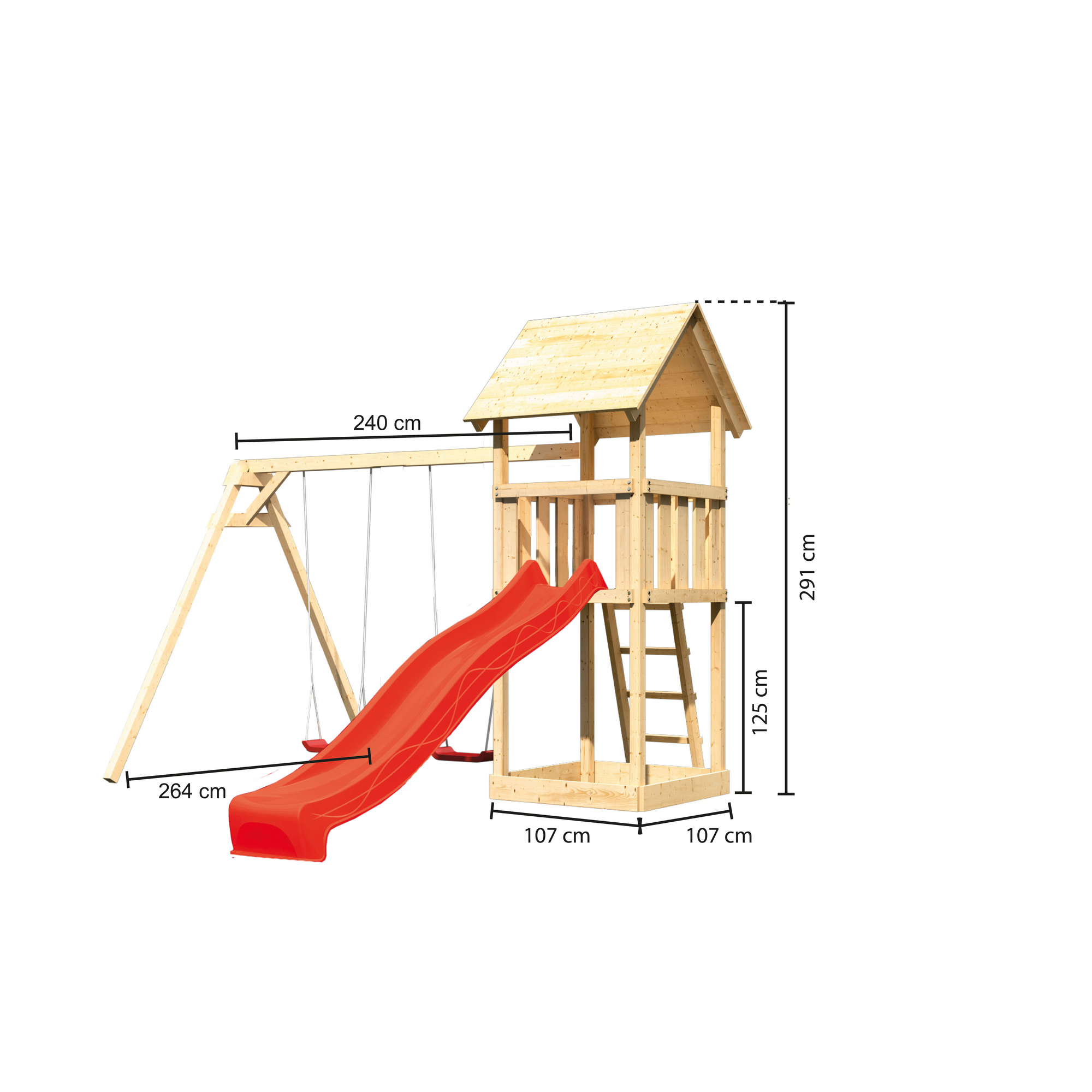 Akubi Kinderspielturm ‚Lotti‘ Satteldach Doppelschaukel Rutsche rot  nordische Fichte