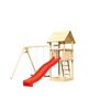 Spielturm mit roter Rutsche und Schaukel