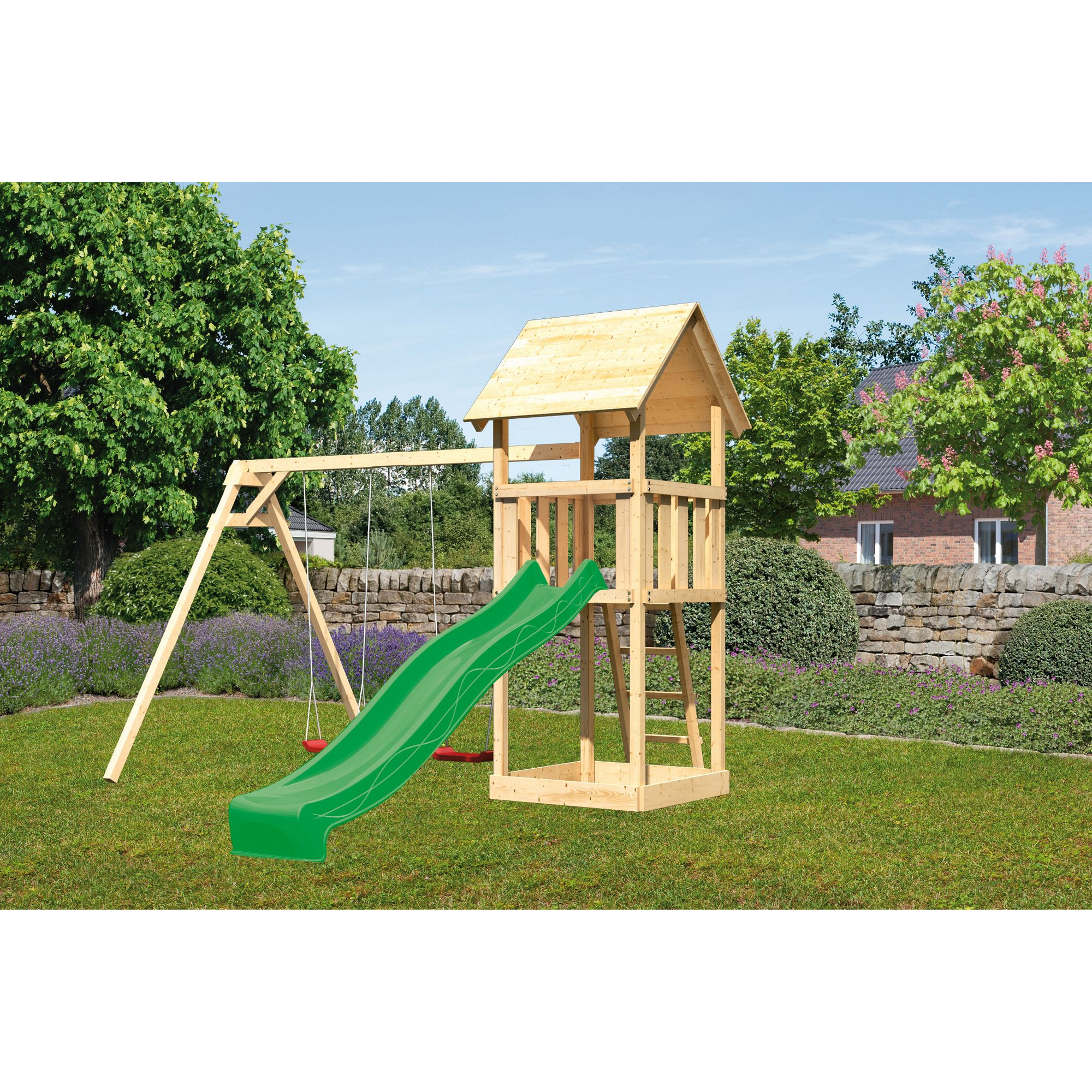 Kinderspielturm 'Lotti' Satteldach Doppelschaukel Rutsche grün + product picture