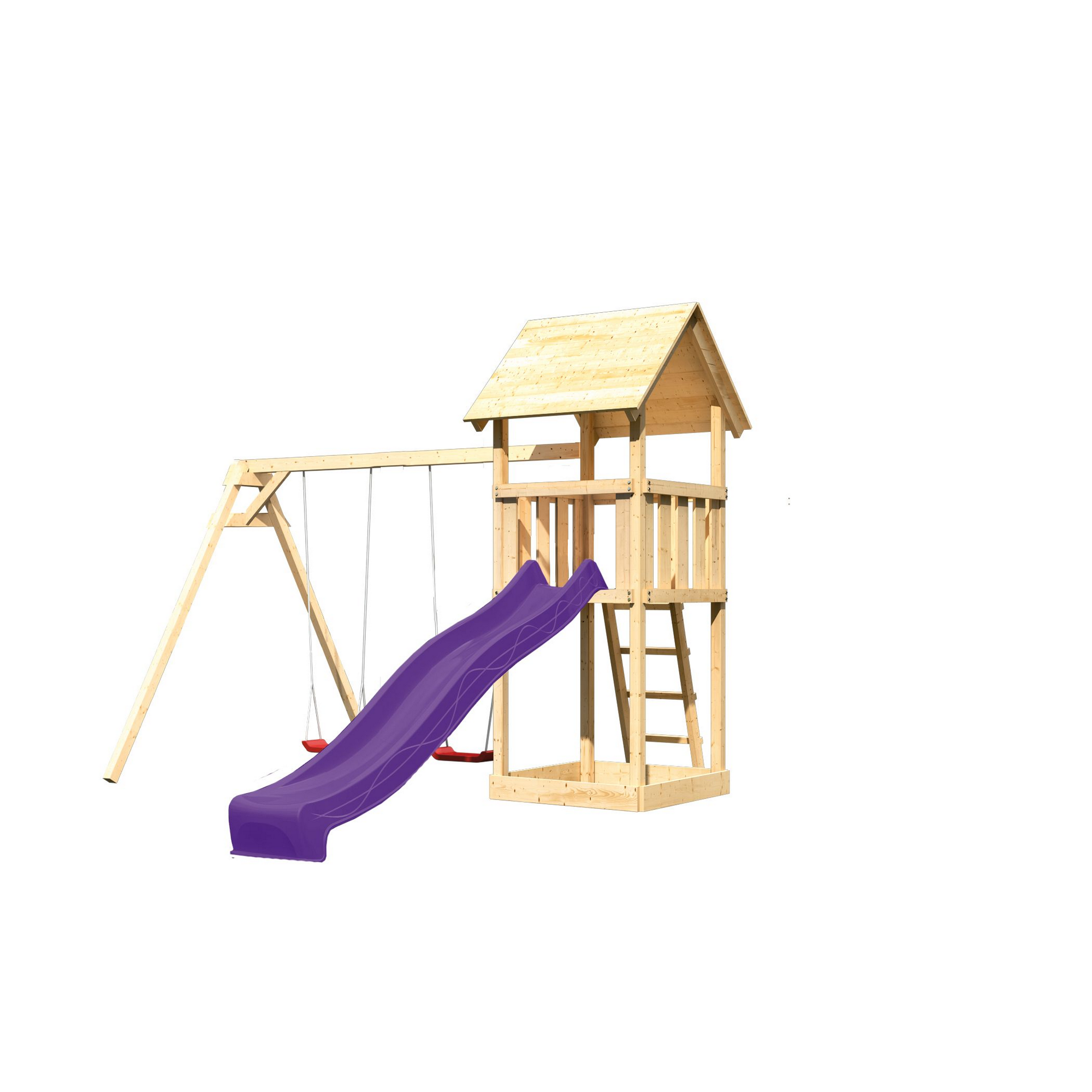 Kinderspielturm 'Lotti' Satteldach Doppelschaukel Rutsche violett + product picture