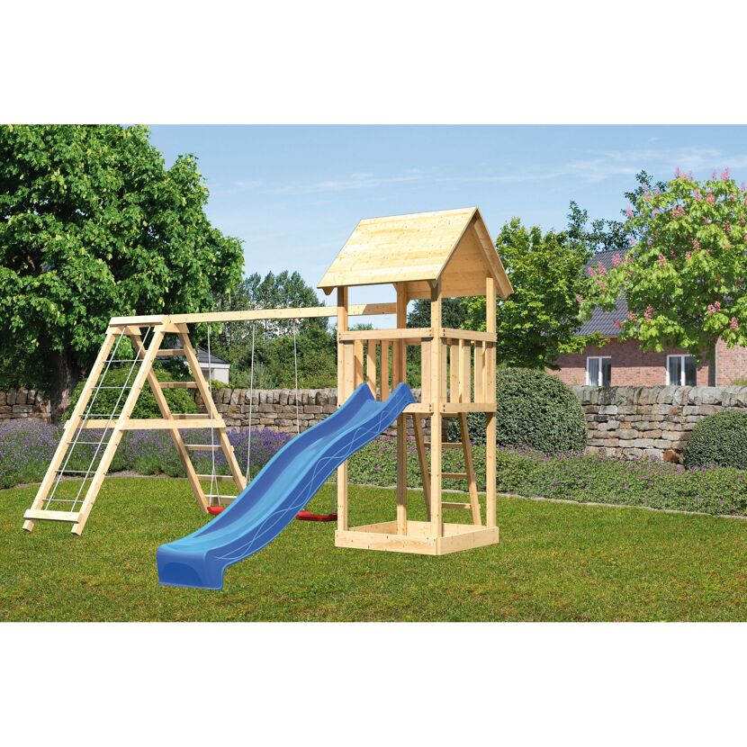Kinderspielturm 'Lotti' Doppelschaukelanbau Klettergerüst Rutsche blau