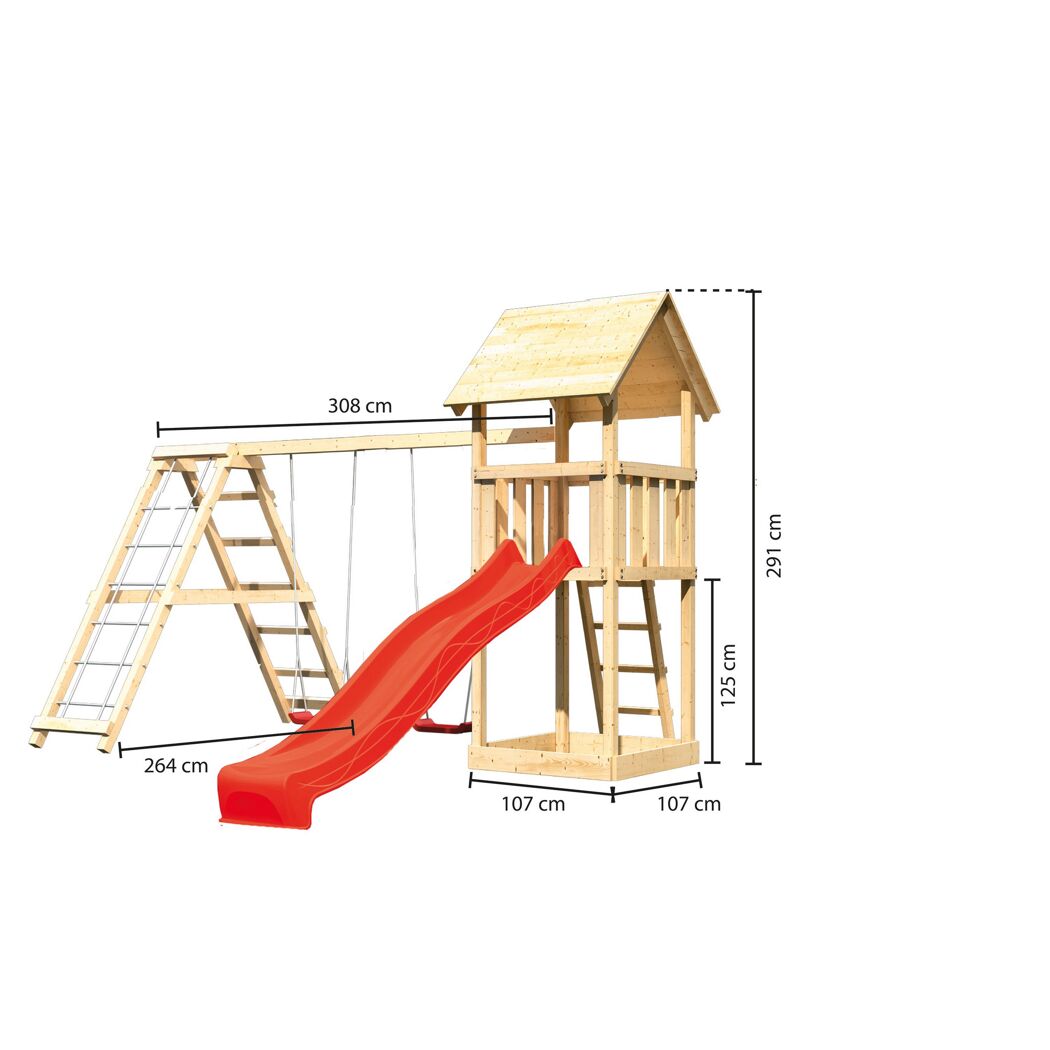 Holzspielturm mit Rutsche, Schaukel und Leiter