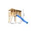 Spielturm aus Holz mit blauer Rutsche.