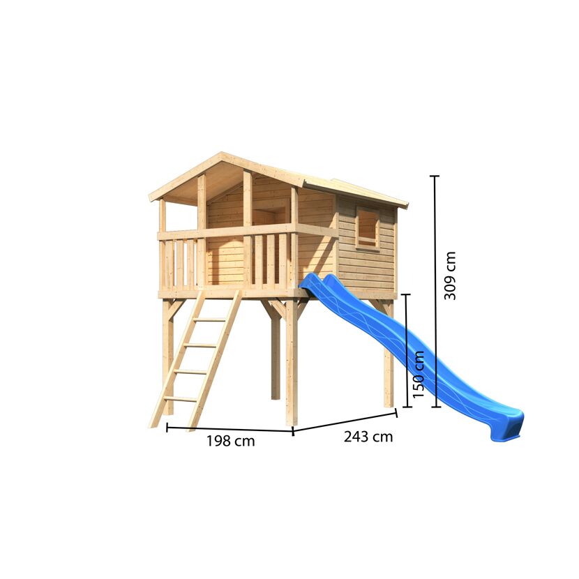 Spielturm aus Holz mit blauer Rutsche.