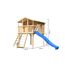 Spielhaus aus Holz mit blauer Rutsche, Leiter und Kletternetz