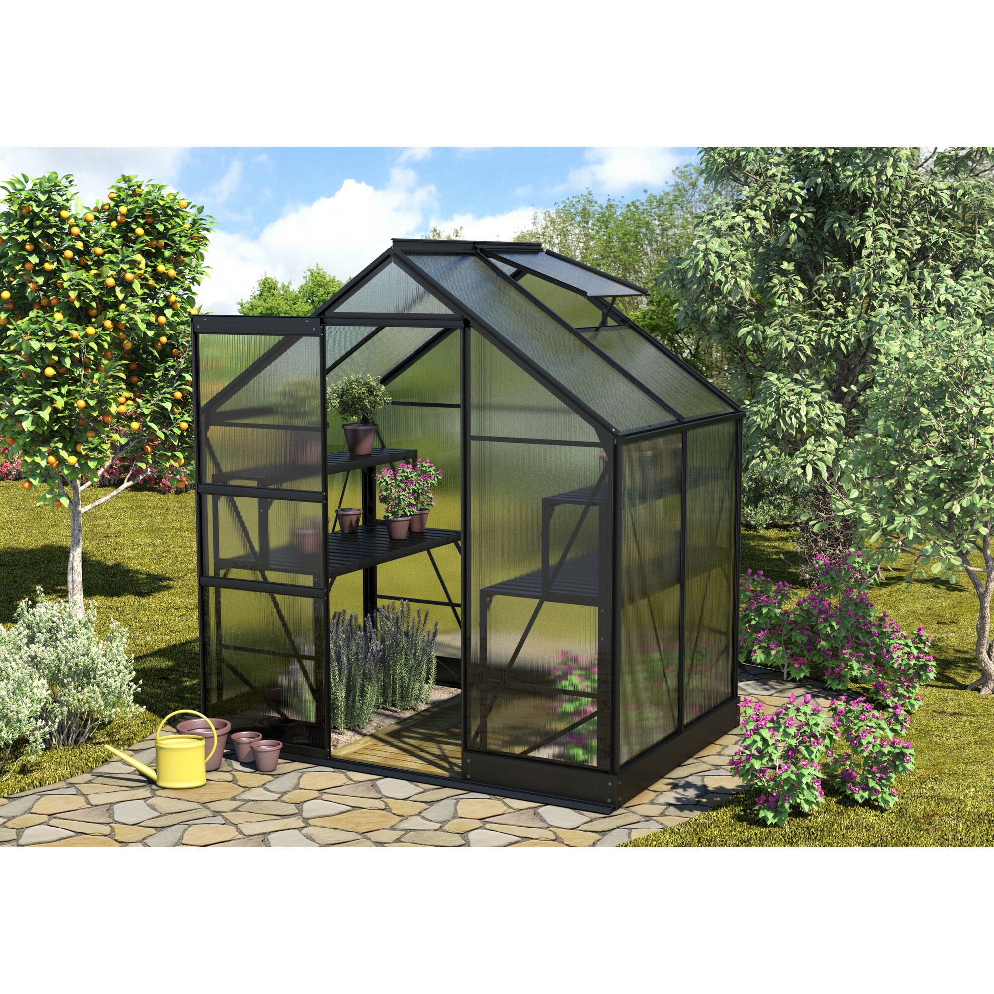 Gewächshaus Apollo 2500 HKP schwarz mit Pflanzen