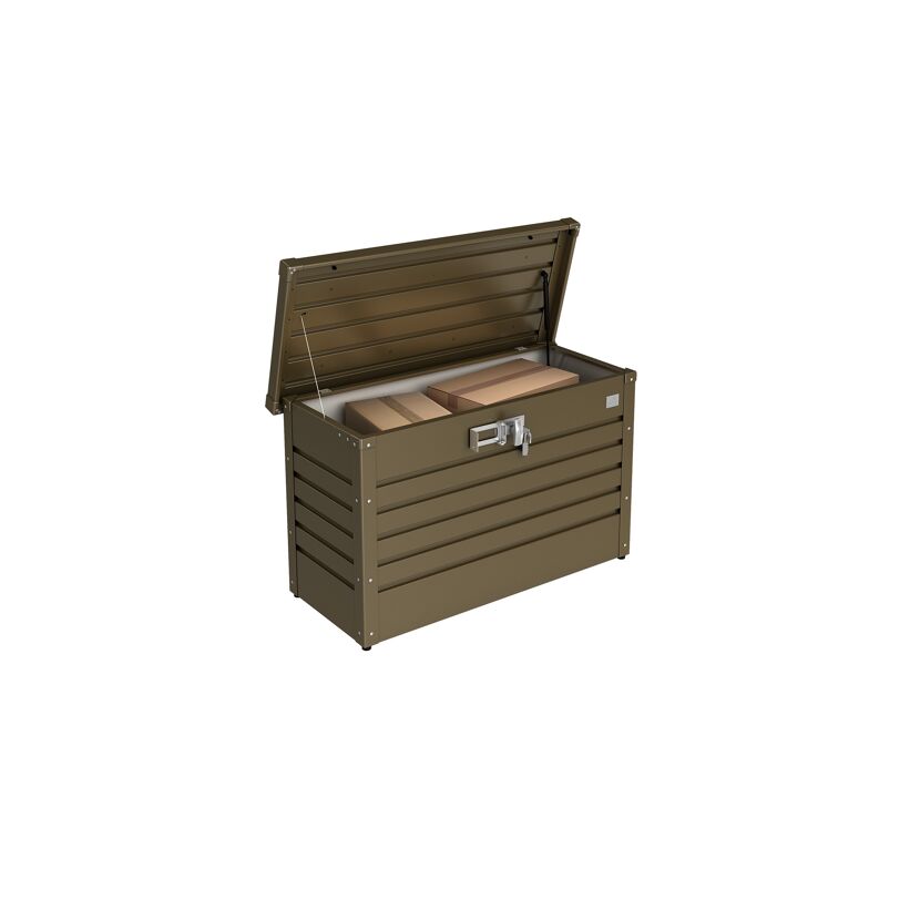 Braune Paketbox mit geöffnetem Deckel und zwei Paketen darin.