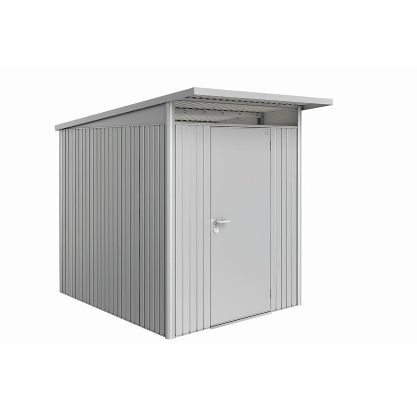 Gerätehaus aus Metall mit Pultdach und Tür, silber