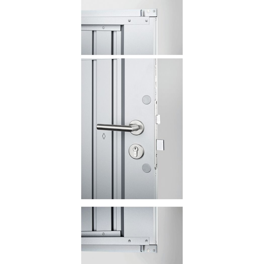 Detailansicht der silber-metallic Doppeltür des Gerätehauses mit Griff und Schloss