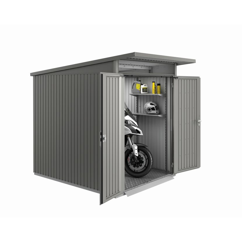 Graues Motorrad-Garage mit Zubehör