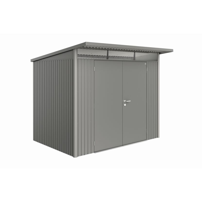 Graues Gerätehaus aus Metall mit Doppeltür und Flachdach.