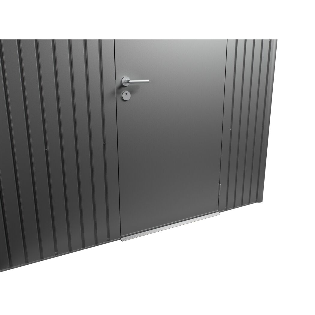Gerätehaus AvantGarde: quarzgrau-metallic Doppeltür und Seitenwand.
