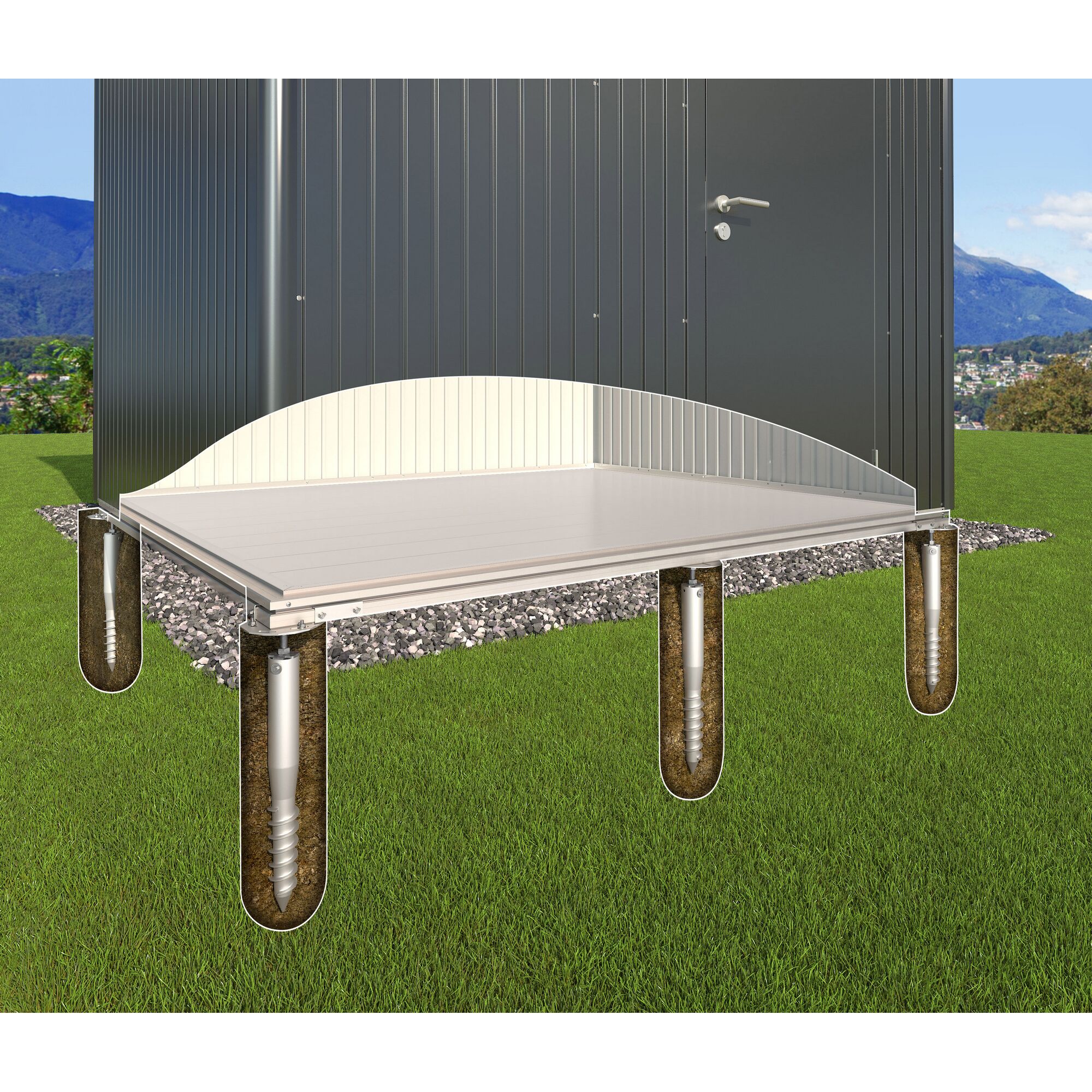 Metallgerätehaus mit Fundament auf Schraubfundamenten
