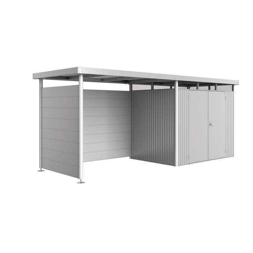 Metallgerätehaus HighLine mit Sichtschutzwand und Vordach