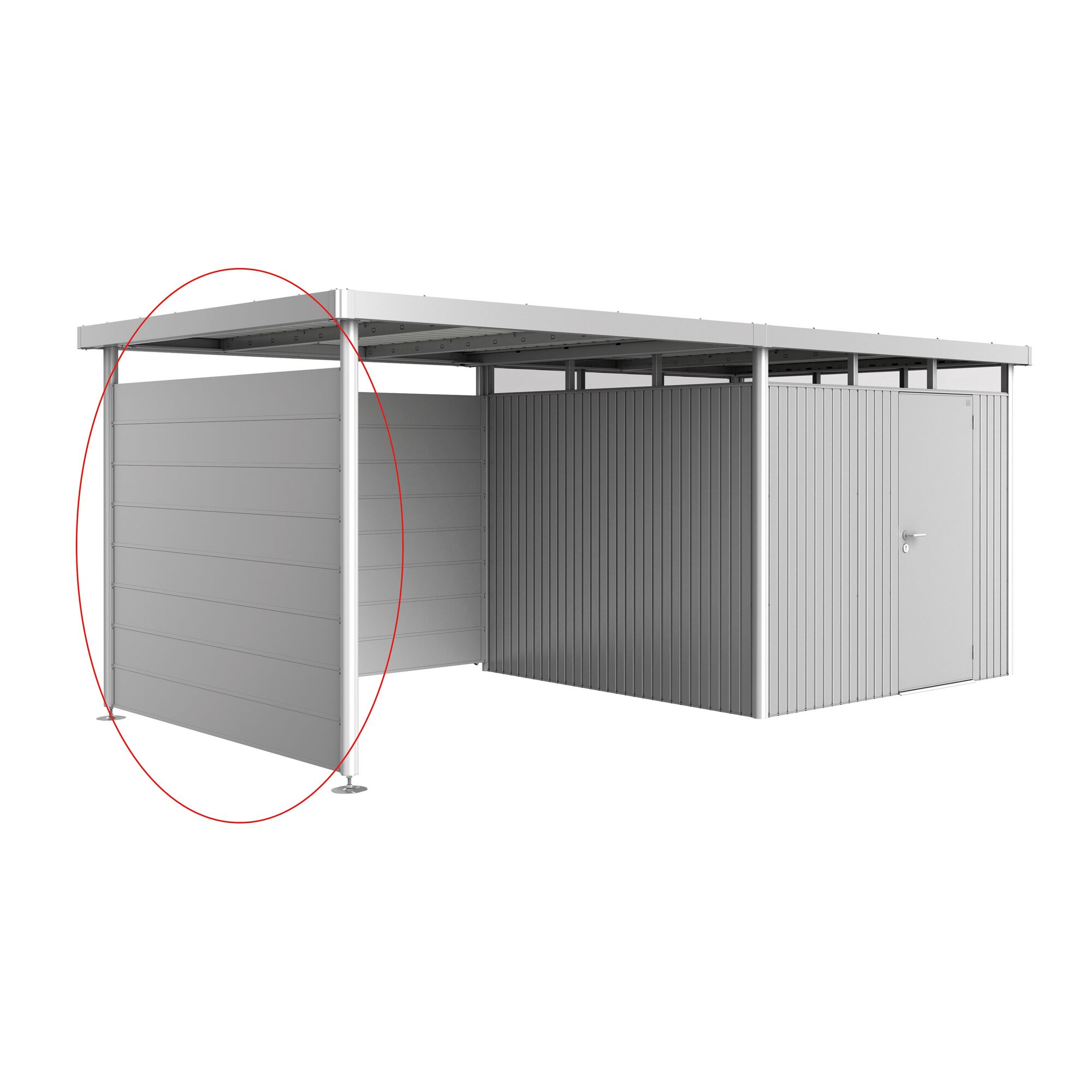 Metallgerätehaus mit Seitenwand und Vordach