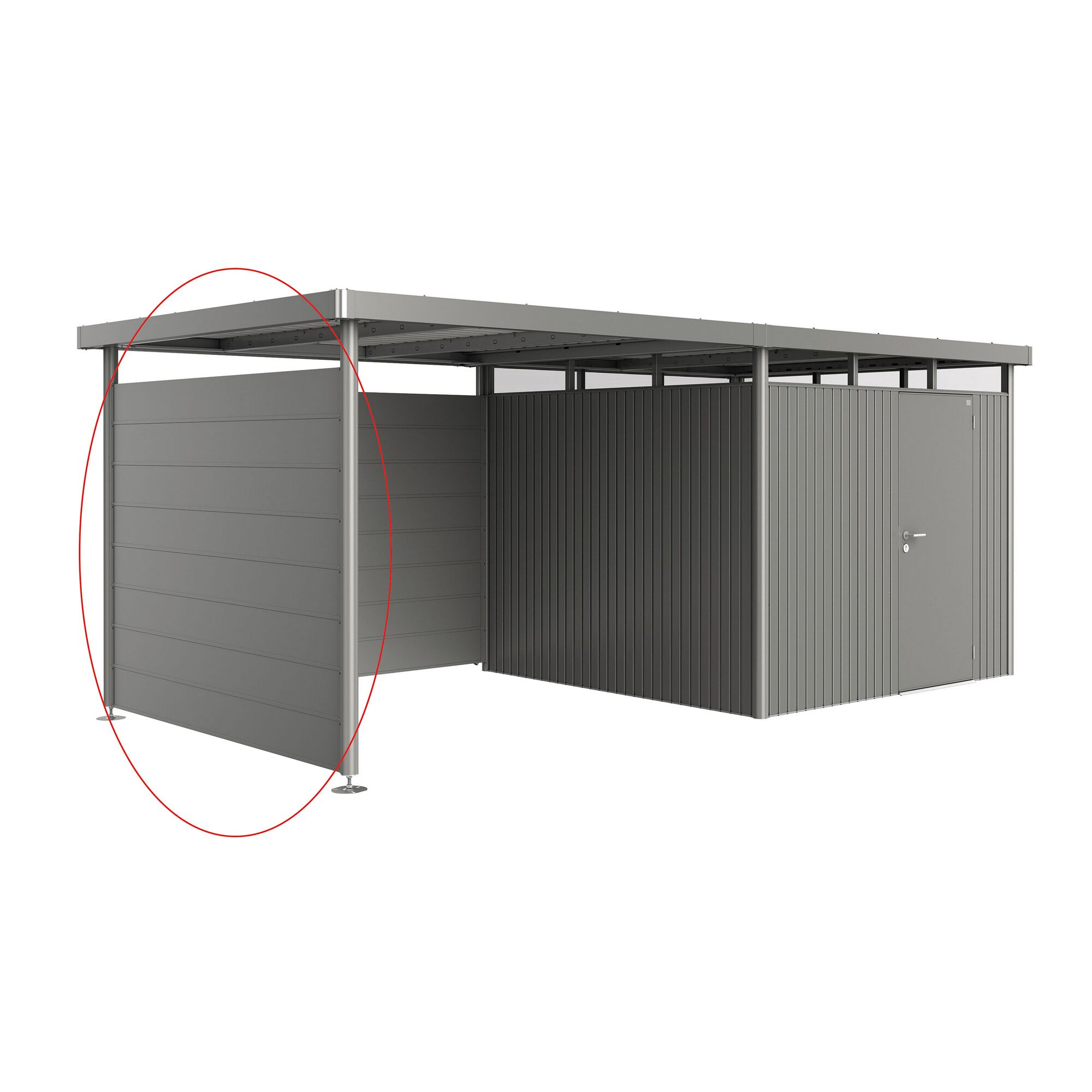 Metallgerätehaus mit Seitenwand und Vordach