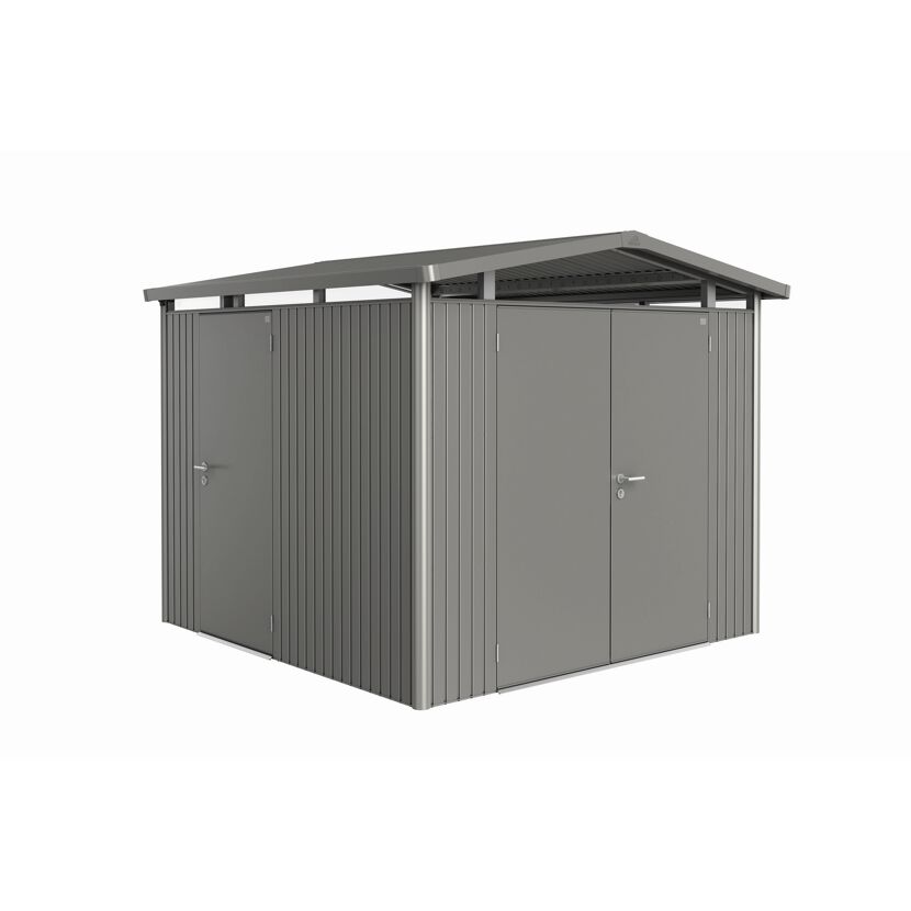Graues Metall-Gerätehaus mit Doppeltür und Schrägdach