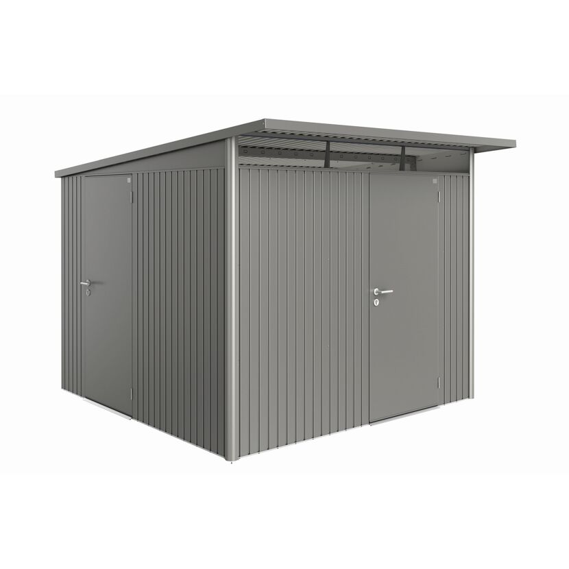Graues Metall-Geräteschuppen mit zwei Türen und Flachdach.