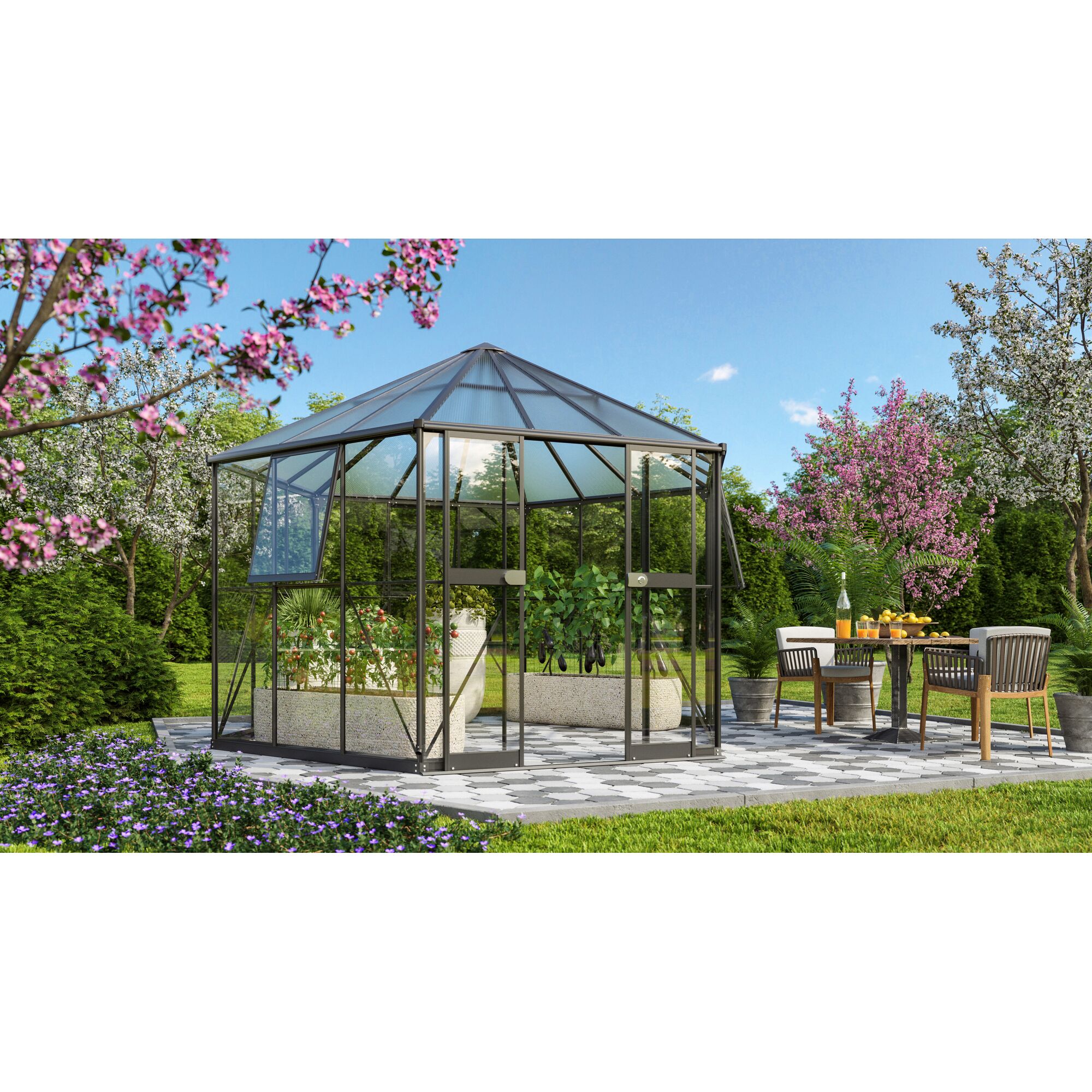 Gewächshaus Galaxis 9000 im Garten mit Gemüsepflanzen