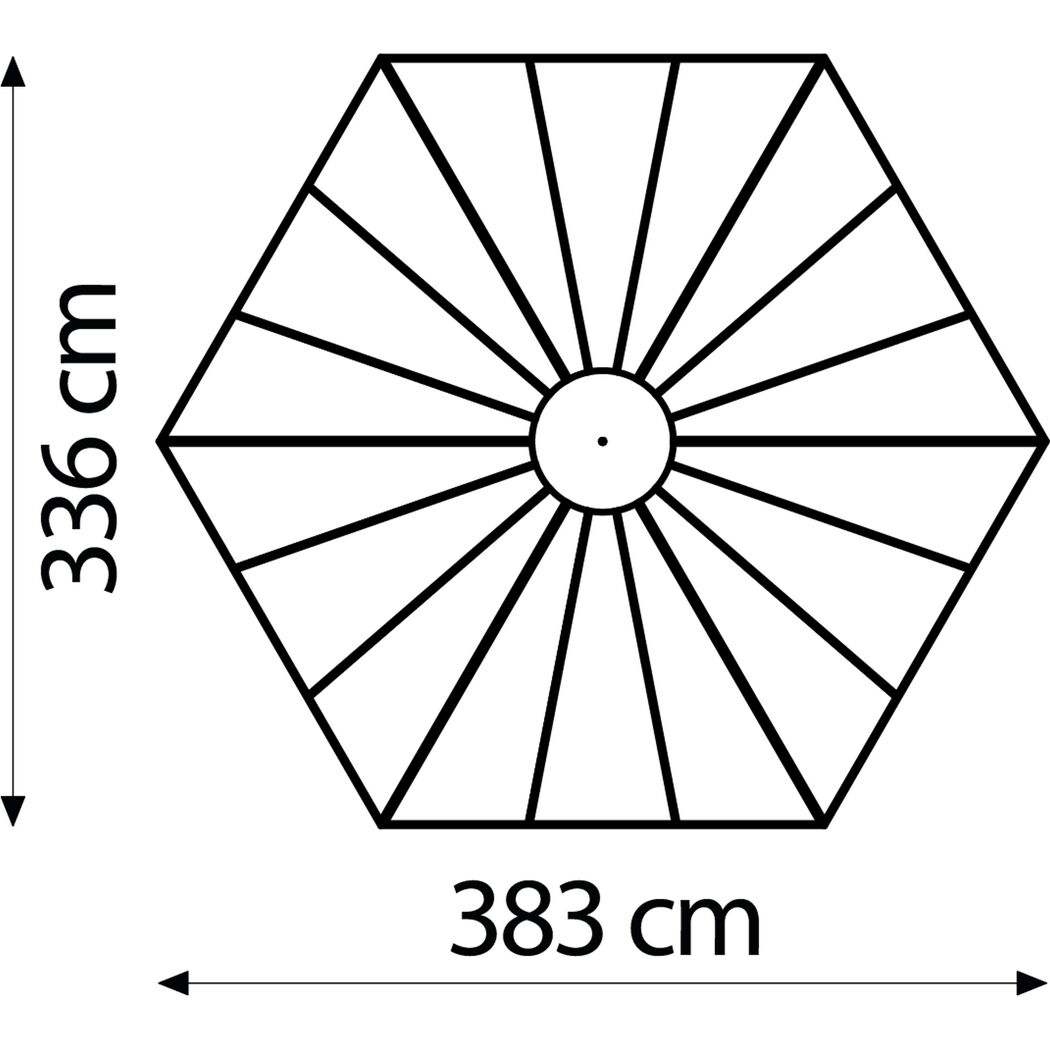 Sechseckiger Sonnenschirm von oben, 383 x 336 cm