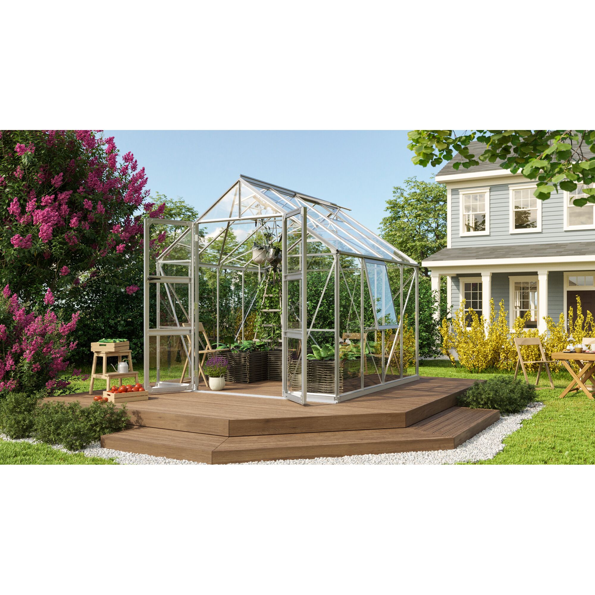 Gewächshaus Olymp 6700 ESG alu im Garten