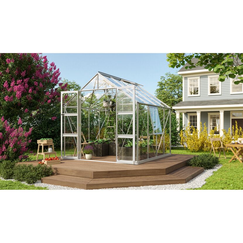 Gewächshaus Olymp 6700 ESG alu im Garten