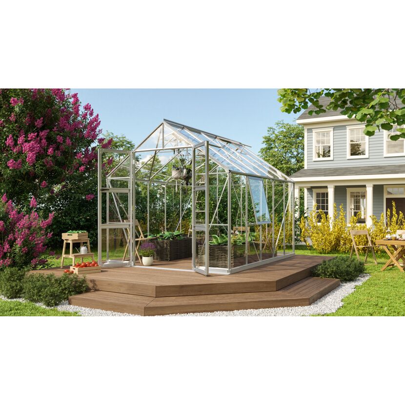 Gewächshaus Olymp 8300 ESG alu im Garten