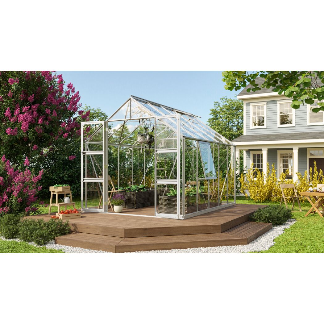 Gewächshaus Olymp 8300 ESG alu im Garten