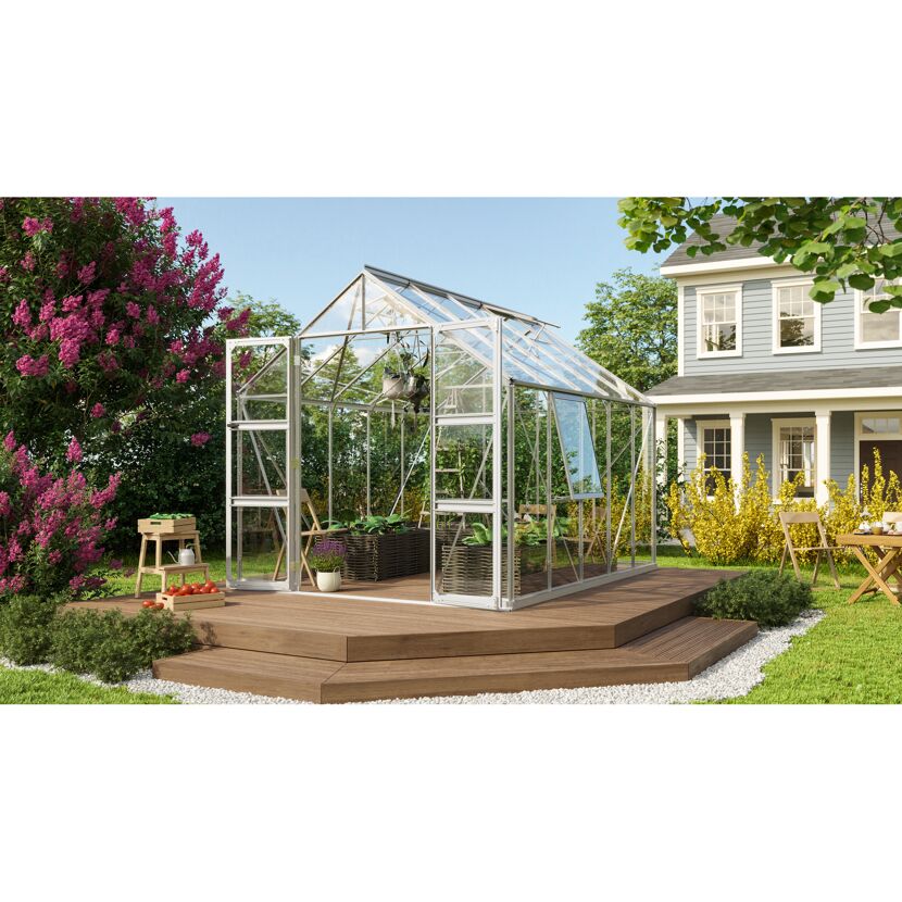 Gewächshaus Olymp 8300 ESG alu im Garten