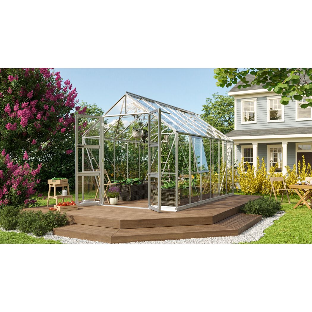 Gewächshaus Olymp 9900 ESG alu im Garten