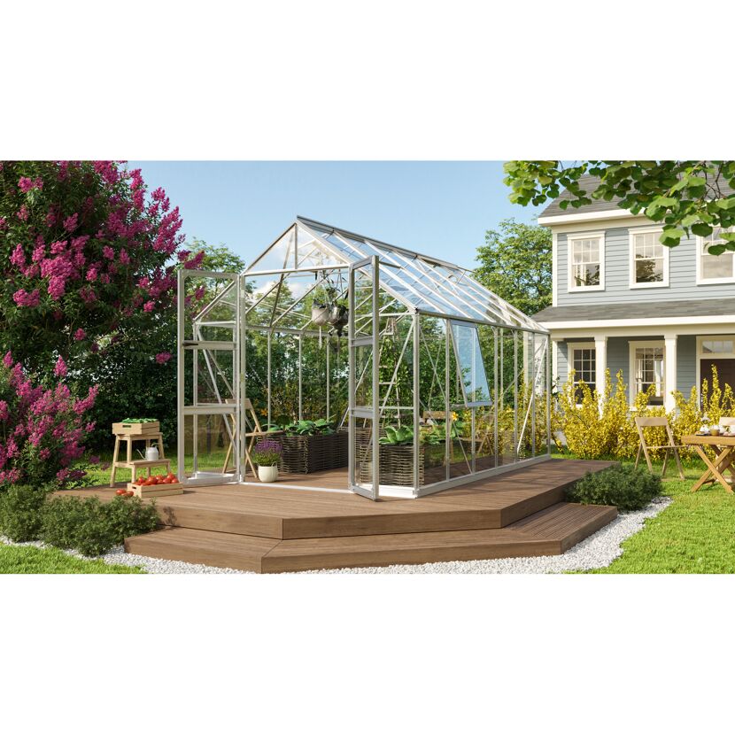 Gewächshaus Olymp 9900 ESG alu im Garten