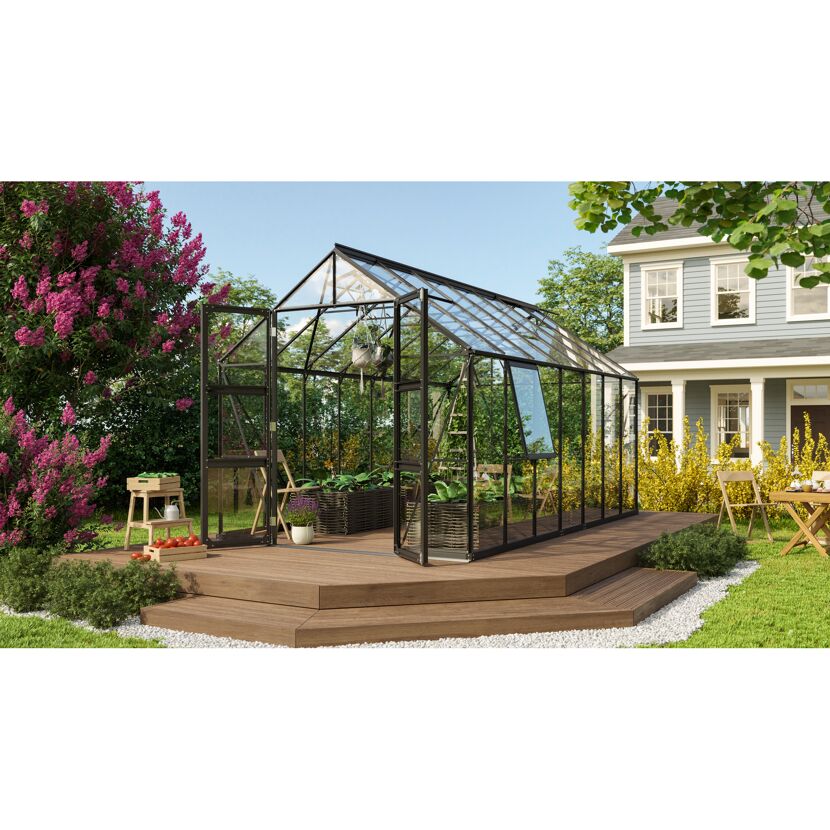 Gewächshaus Olymp 11500 ESG schwarz auf Holzterrasse