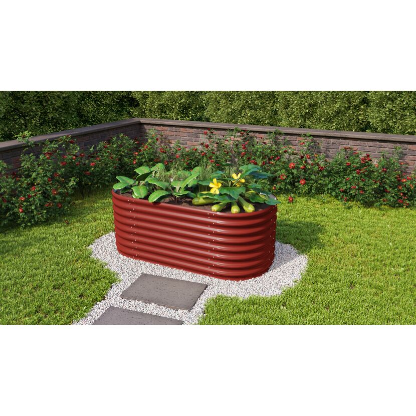 Hochbeet bepflanzt mit Gemüse und Kräutern