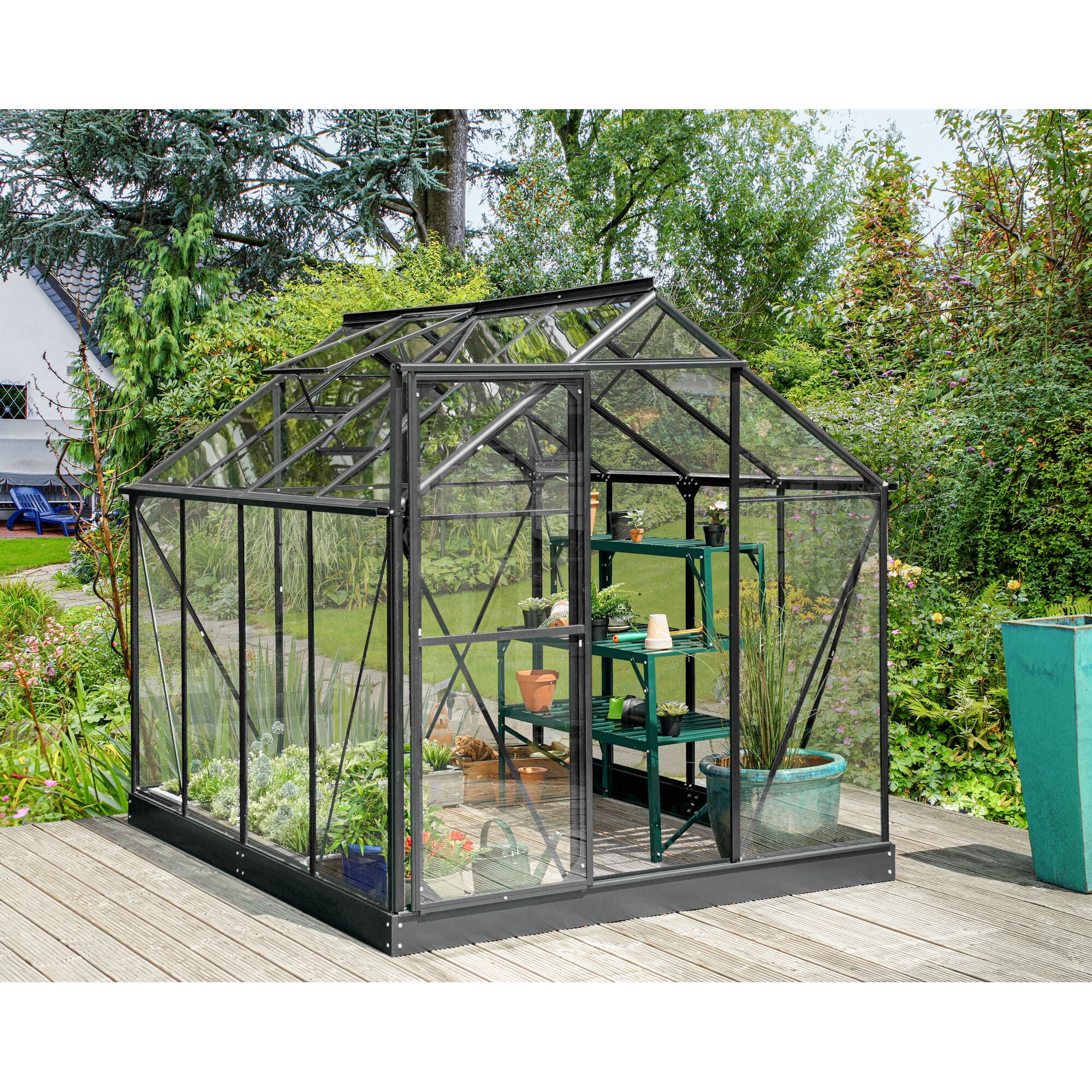 Gewächshaus Triton 5000 schwarz mit Pflanzen