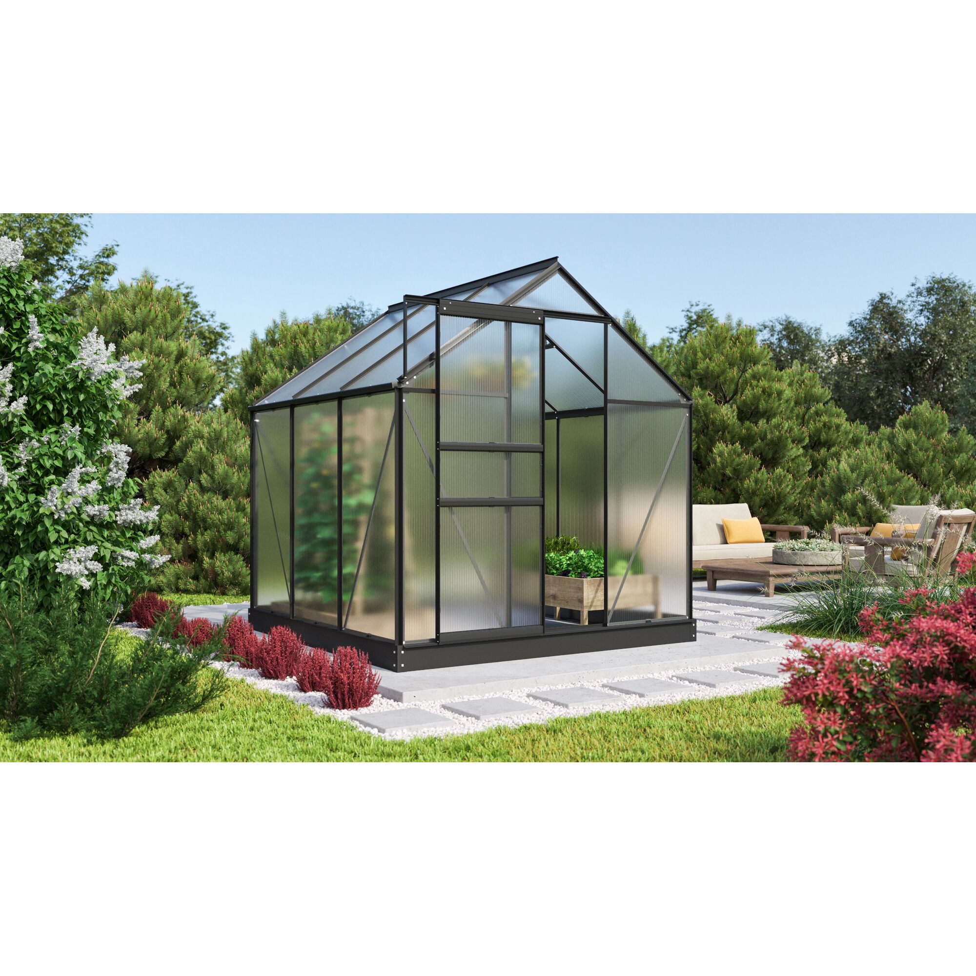 Gewächshaus Comet 3800 schwarz im Garten