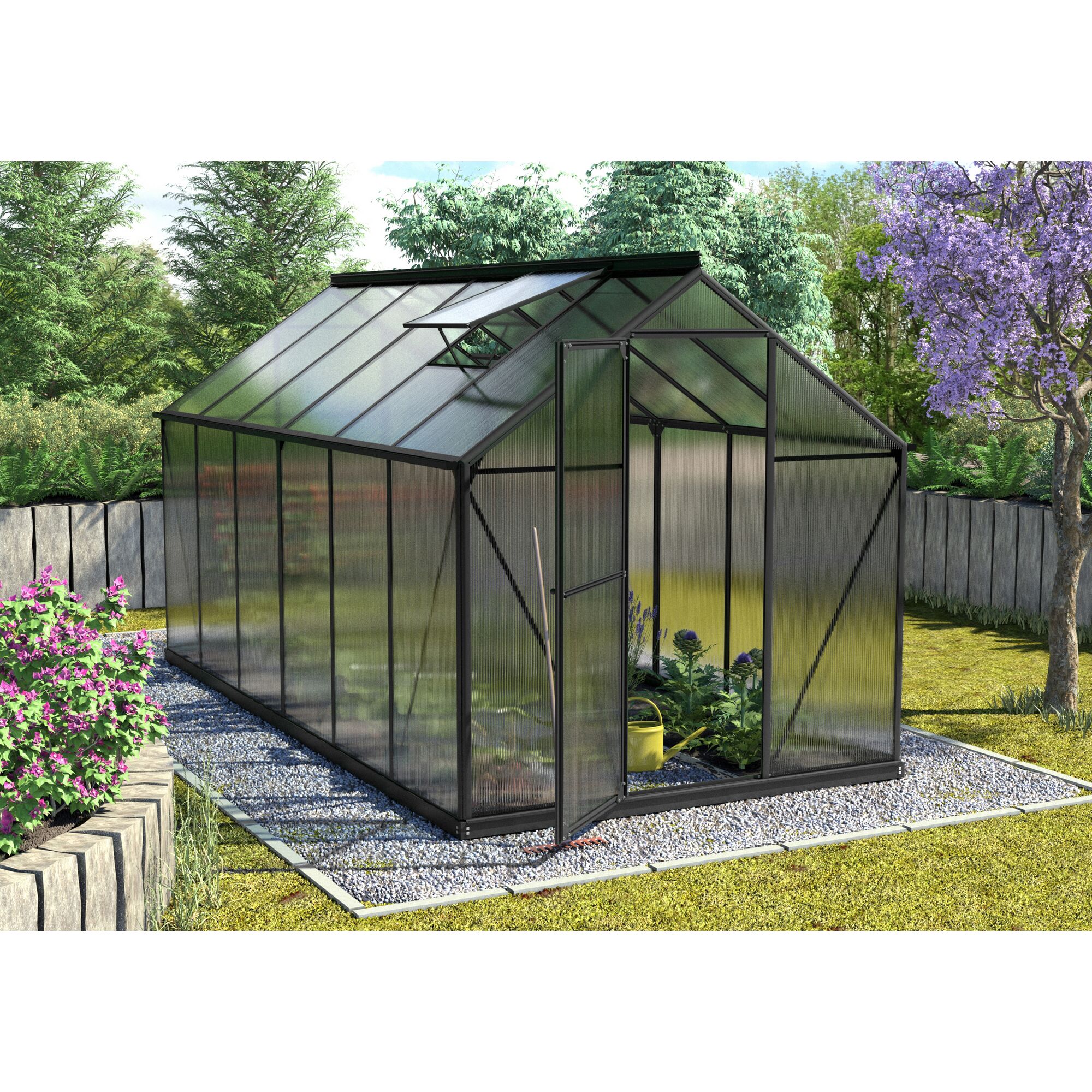 Gewächshaus Triton mit geöffneter Tür und Dachfenster