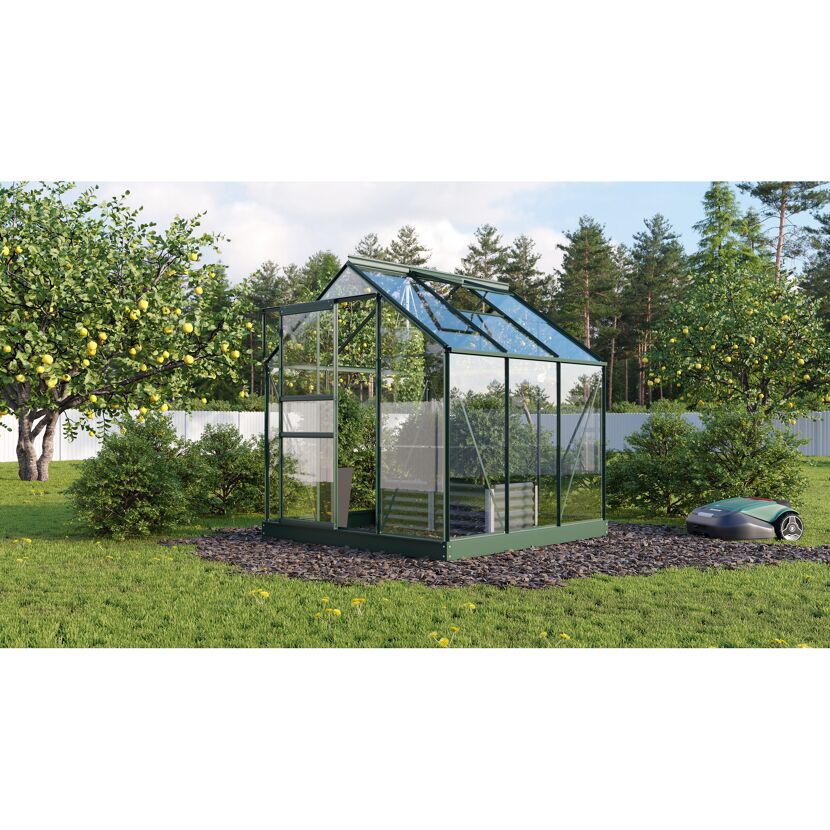 Gewächshaus Planet 3800 smaragd im Garten