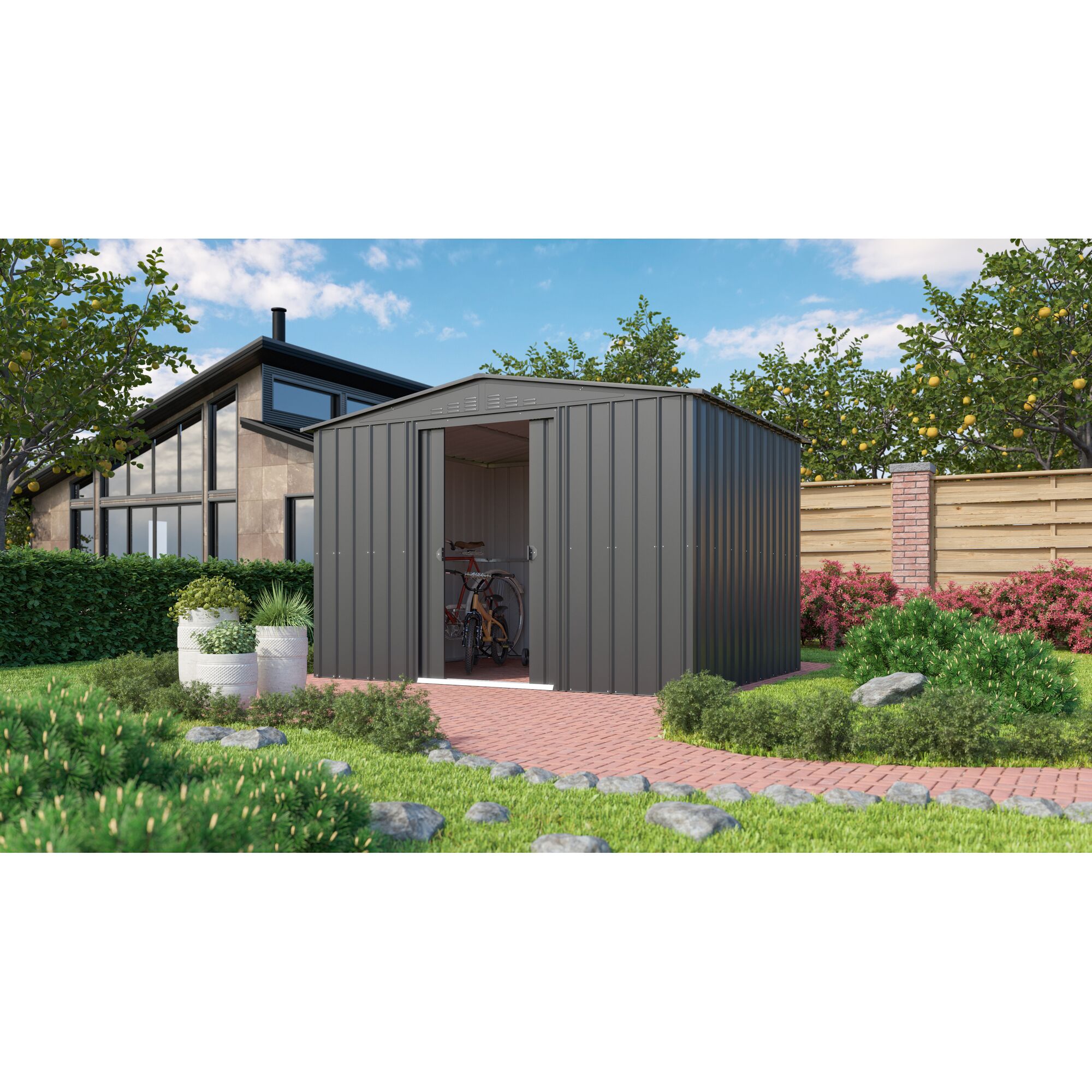 Anthrazitfarbenes Gartenhaus Gartenmanager Dream 108 mit Fahrrädern