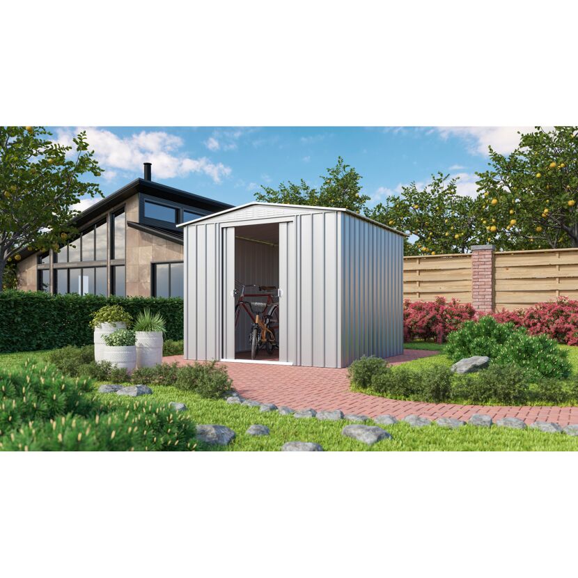 Silbernes Metall-Gerätehaus Gartenmanager Dream 88 mit Fahrrädern