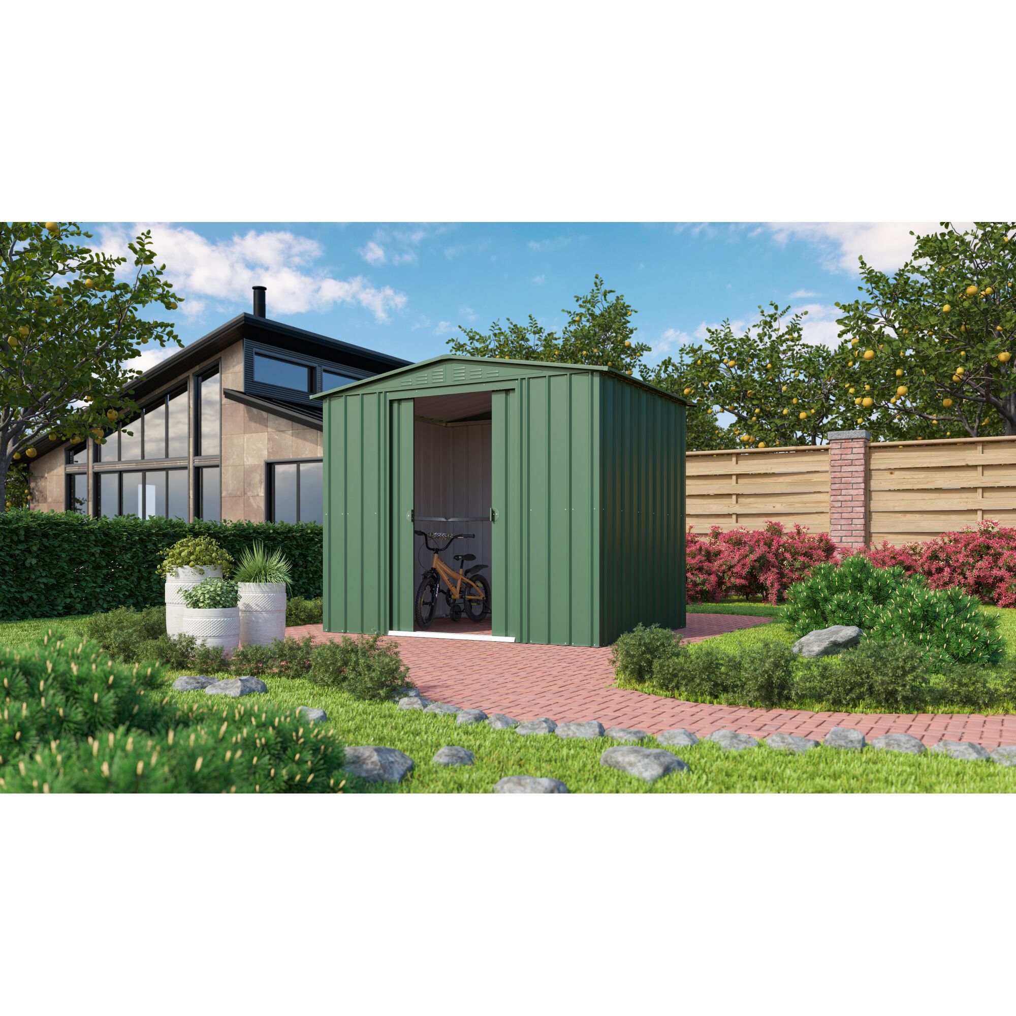 Grünes Gartenhaus Gartenmanager Dream 86 mit Fahrrad