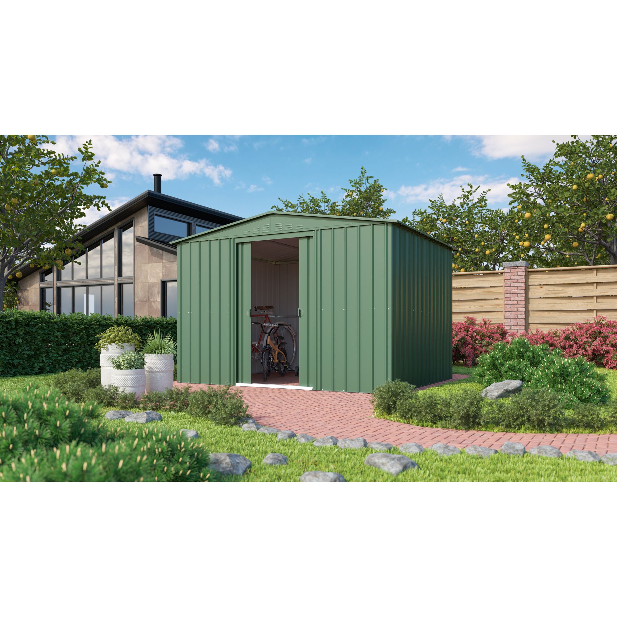 Grünes Gartenhaus mit geöffneter Tür, darin Fahrräder.
