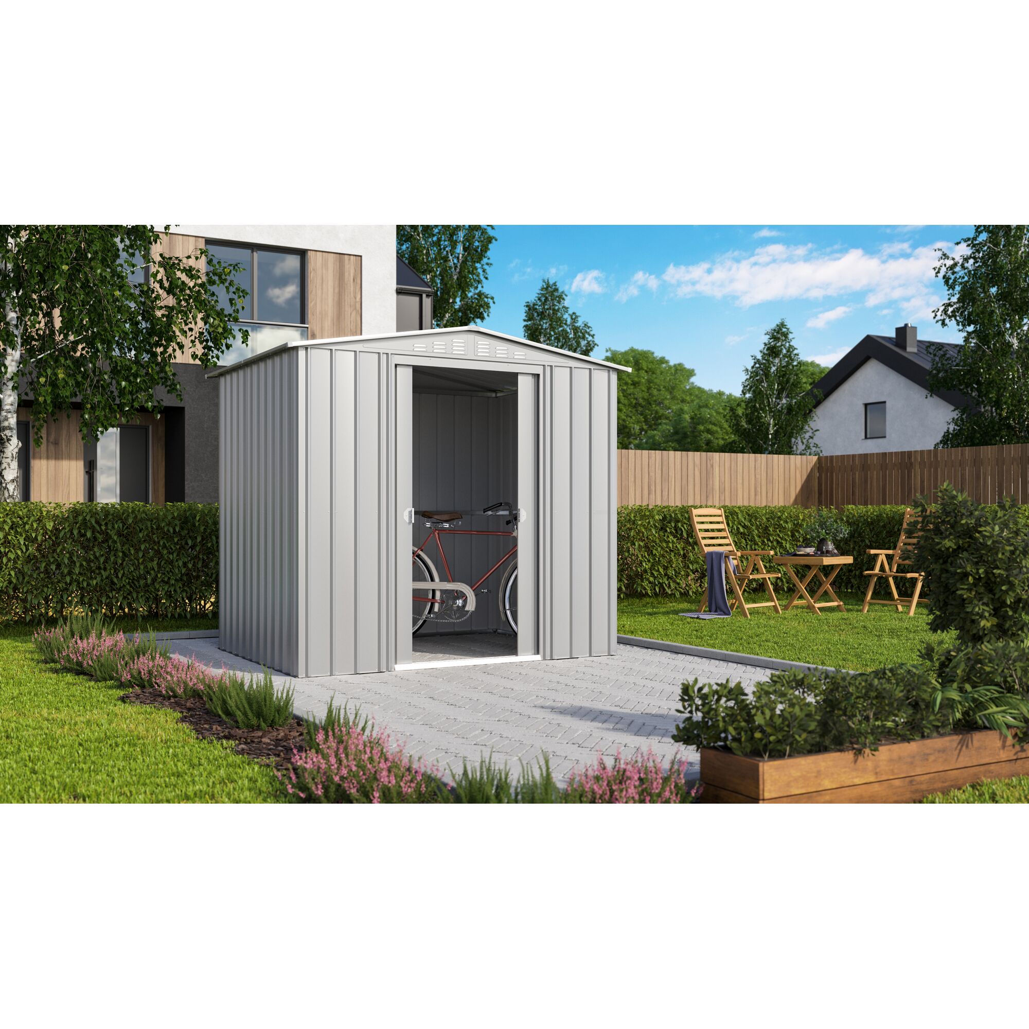 Gerätehaus Tower 86 silber-metallic im Garten