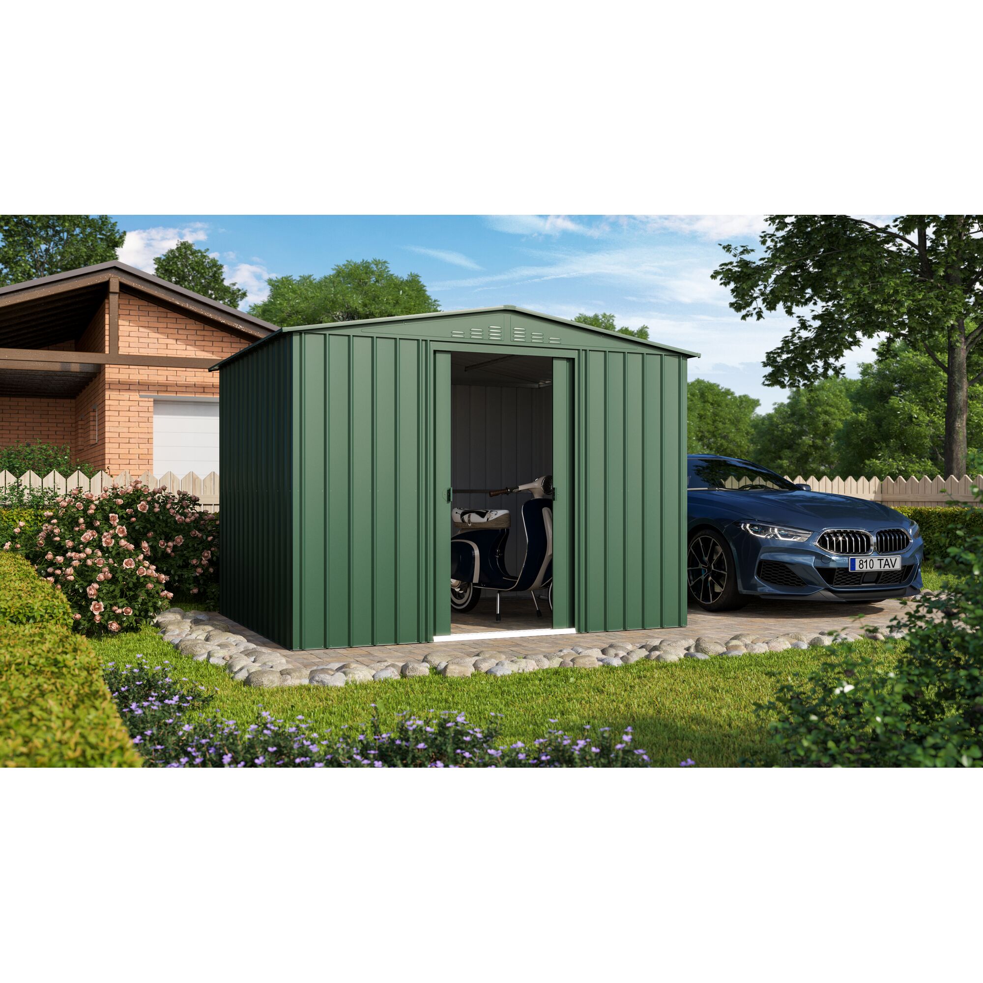 Gerätehaus Tower 108 jadegrün mit Roller