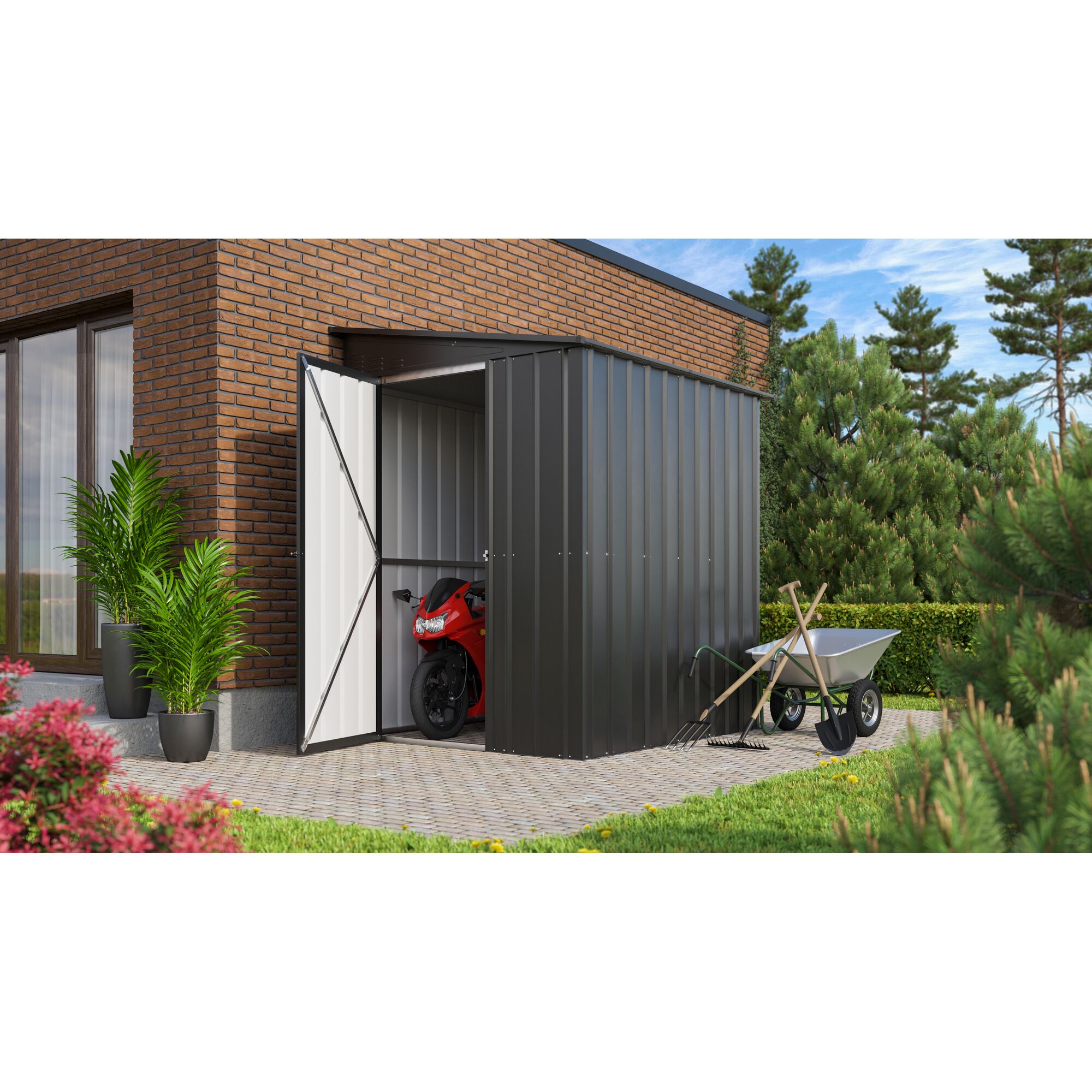 Metallgerätehaus mit einem Motorrad