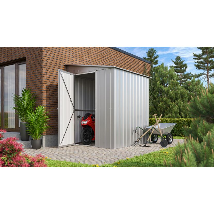 Metallgerätehaus mit einem Motorrad