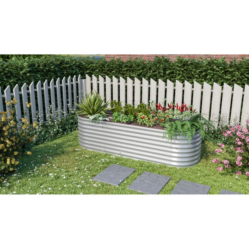 Hochbeet aus Metall mit verschiedenen Pflanzen