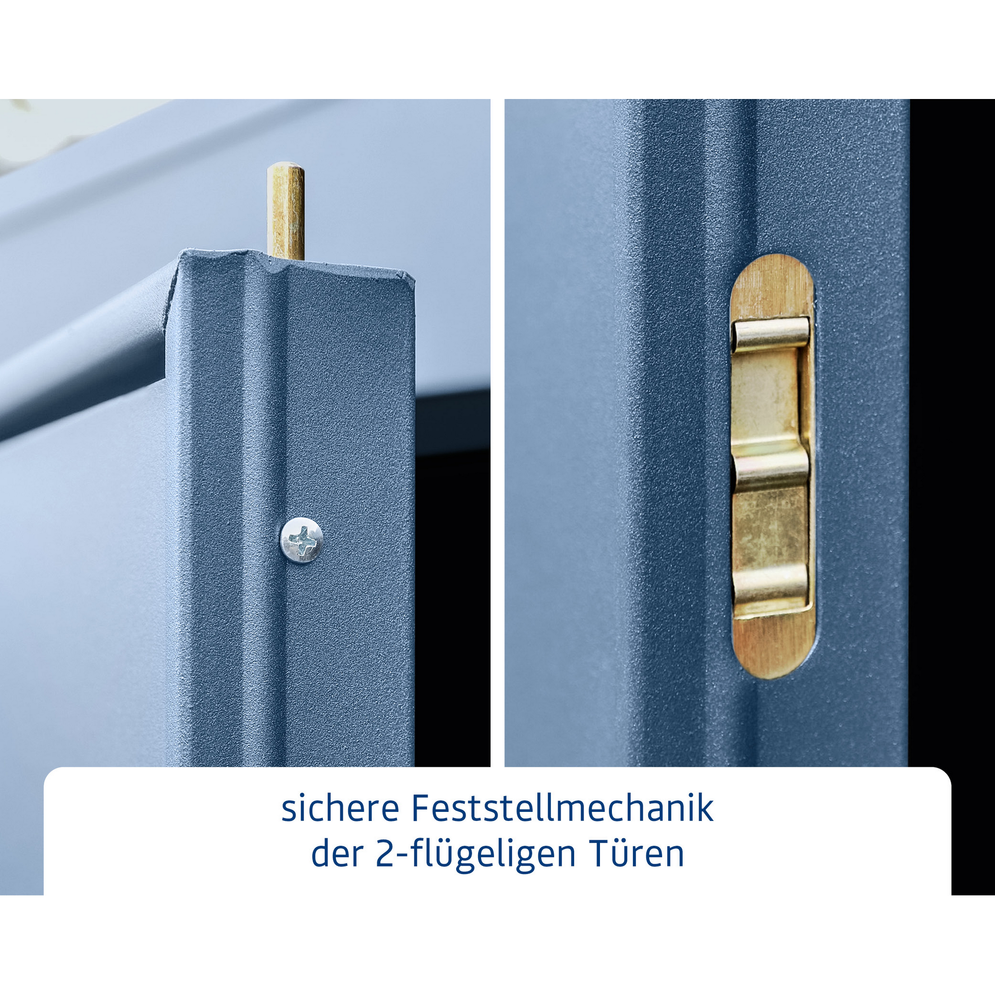 Sichere Feststellmechanik der zweiflügeligen Türen