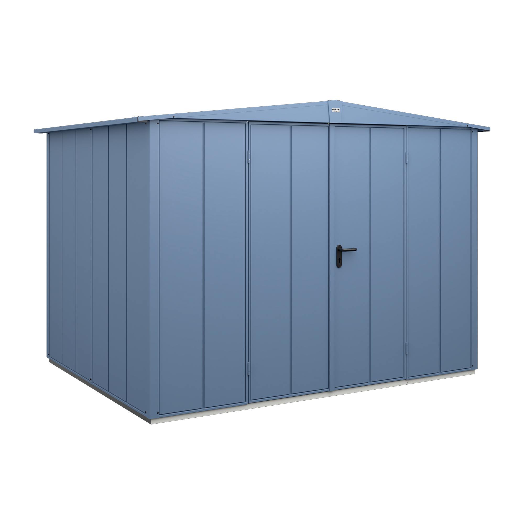 Blaues Gartenhaus aus Metall mit Doppeltür und Griff.