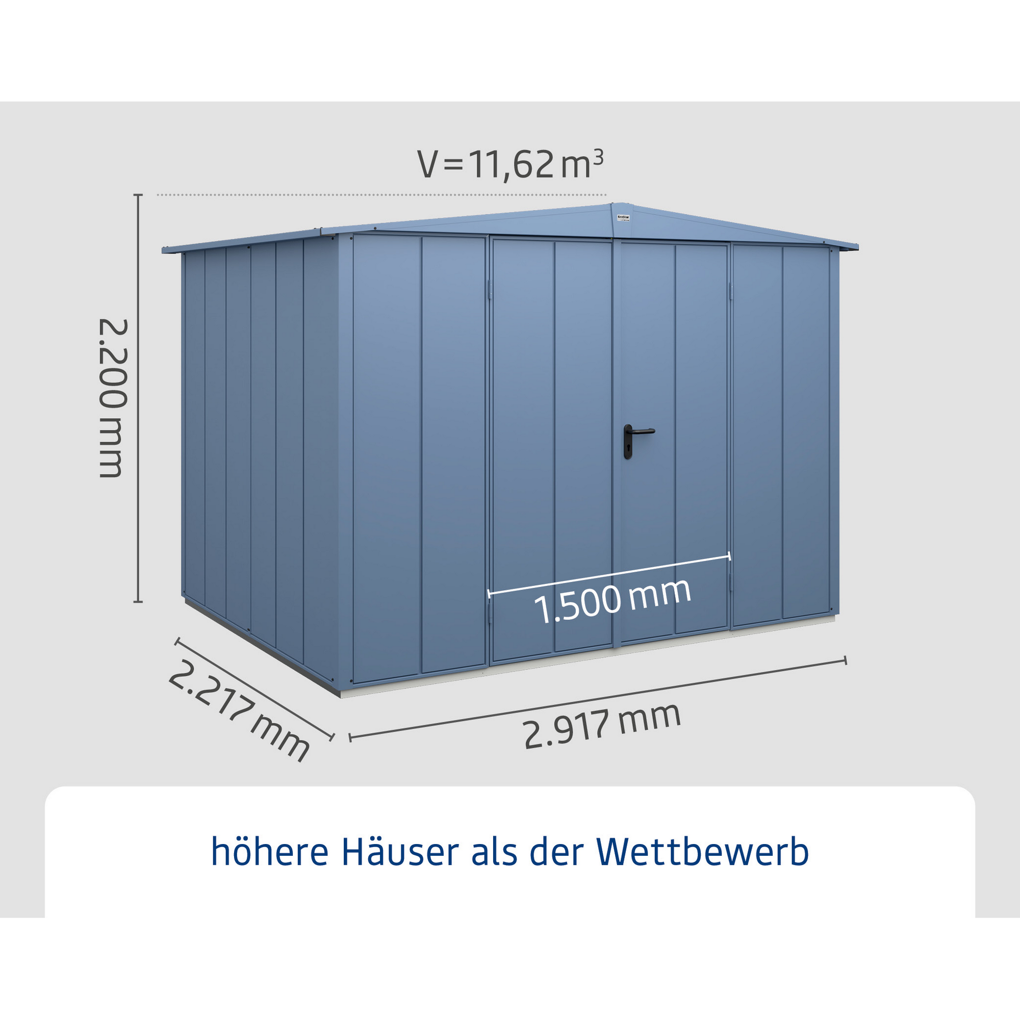 Blaues Gartenhaus mit Doppeltür und Maßen